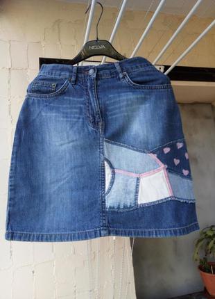 Синяя голубая джинсовая юбка вышивка аппликация подросток от s...