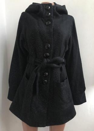 Пальто с капюшоном под пояс justsweet чёрное с серебряной нитью