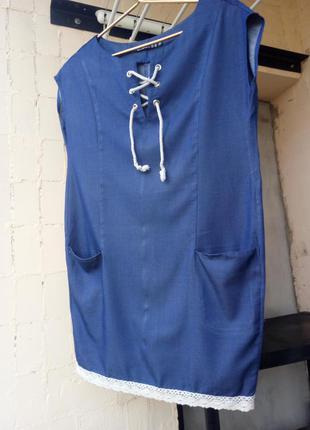Свободное синее легкое платье деним шнуровка + кружево tess dress