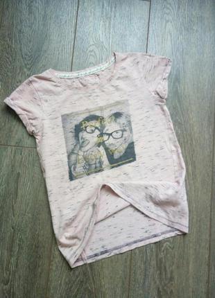 Нежная розовая пудра футболка рукав с манжетом ,меланж с принтом