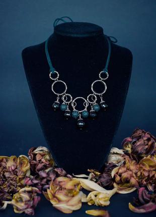 Дизайнерское ожерелье с натуральными камнями(лава, черный агат...