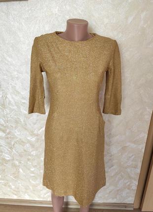 Вечернее золотистое золотое платье с люрексом миди с карманами
