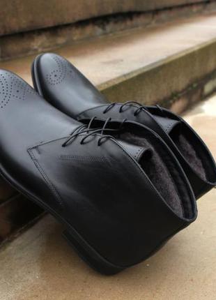 Мужские зимние ботинки броги чёрные на цигейке кожа