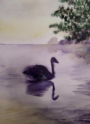 Картина 40*30 акварель ручная работа "лебедь на пруду"