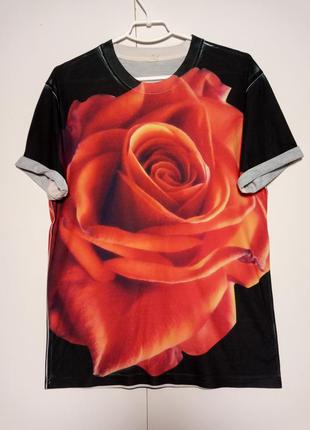 Черная футболка с принтом цветок роза градиент удлиненная