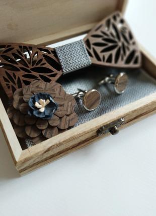 Деревяная бабачка деревянная запонки серая галстук коробочка бокс
