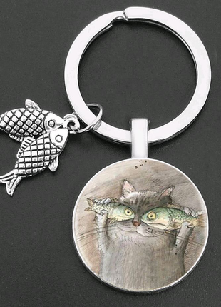 Брелок металлический круглый Кот и рыбки