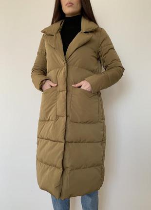 Женский натуральный длинный пуховик пальто хаки