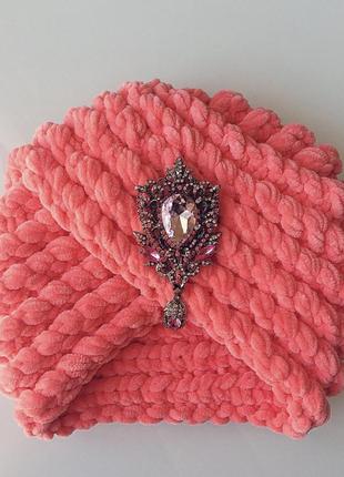 Велюровая чалма тюрбан ручной работы розово-кораллового цвета