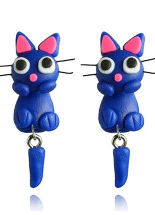 Серьги с кошками синие - длина 4см, полимерная глина