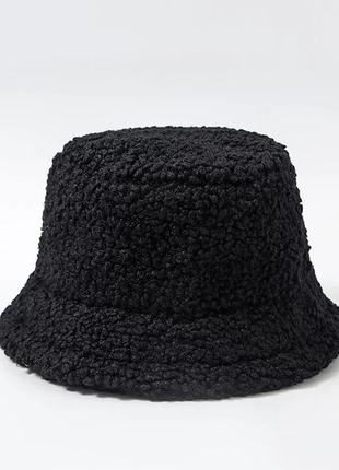 Женская меховая зимняя шапка панама теплая плюшевая черная (те...