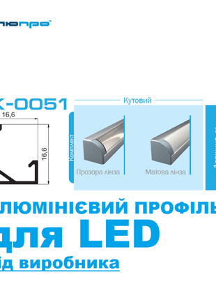 Алюмінієвий профіль ПАК-0051 КУТОВИЙ для LED підсвітки КОМПЛЕКТ