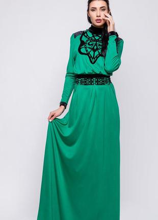 Шикарное зеленное макси платье в пол с шнуровкой в талии ,брен...
