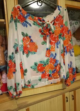 Шифоновая легкая тонкая блузка рубашка цветочный принт