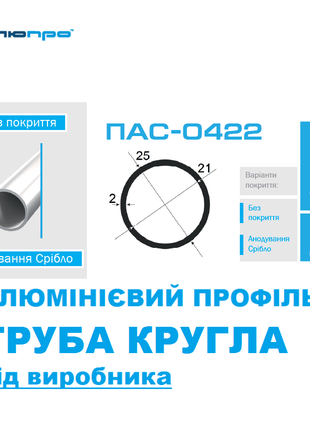 Алюмінієва ТРУБА КРУГЛА 25х2 ПАС-0422 / Алюминиевая круглая 25*2