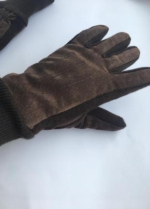 Теплые кожаные трикотажные перчатки на утеплителе, натуральная...