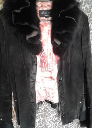Куртка пиджак натуральный замш черный с меховым воротником турция