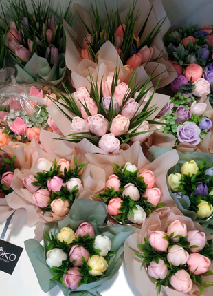 Тюльпаны, розы цветы из мыла, букеты подарок на 8 марта 14 феврал