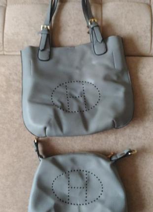 Натуральная кожаная сумка hermes 2 в 1 серого цвета оригинал ф...