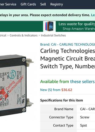 Автоматический выключатель Carlingswitch США 15А постояного тока.