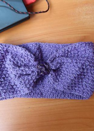 Женская теплая повязка на голову фиолетовая вязанная