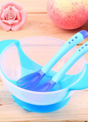 Детский набор термо посуды миска вилка ложка цвет синий