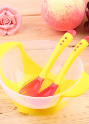Детский набор термо посуды миска вилка ложка цвет желтый