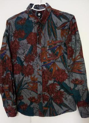 Рубашка мужская серая с цветорным принтом тропики с длинным ру...