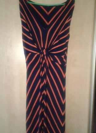 Летнее темно синее в оранжевую полоску платье в пол 38 размера