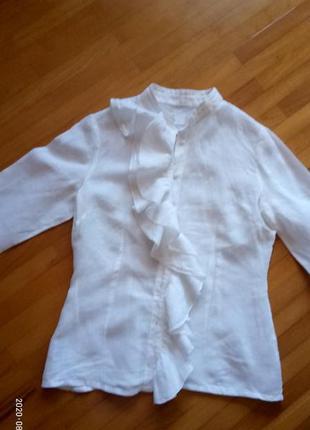 Лаконічна пінно біла льонова блуза/сорочка з воланом ,10-12р. ...