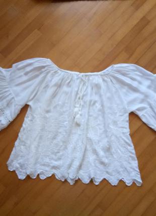 Біла вільна блуза/вишиванка/широкий рукав/мереживо/100％віскоза