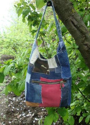 Джинсовая сумка -торба лоскутная с косметичкой текстильная