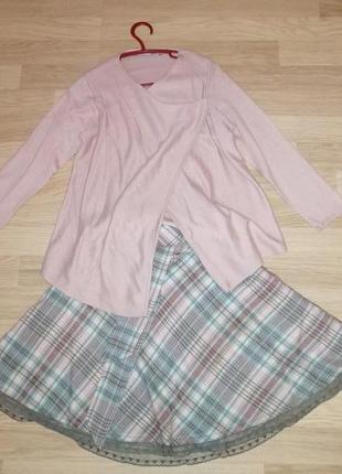 Комплект кофта кардиган розовый и юбка в клетку р.7-9/122-134 age