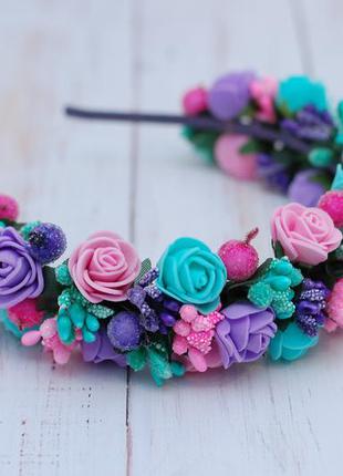 Обруч ободок с цветами мятно-розово-фиолетовый