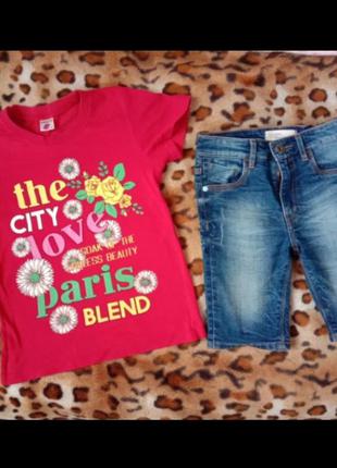 Zara джинсовые шорты бриджи и футболка девочке 7-8лет