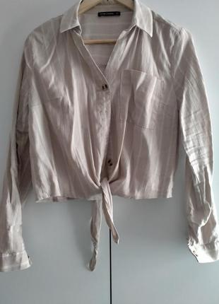 Укороченная рубашка бежевая светло коричневая с белыми полосками