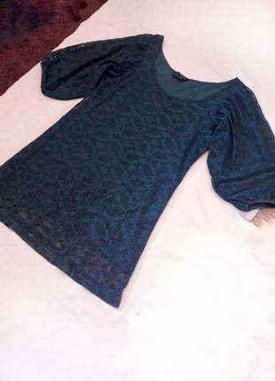 Платье мини бирюзовое кружевное, сетка, рукава объемные буфы