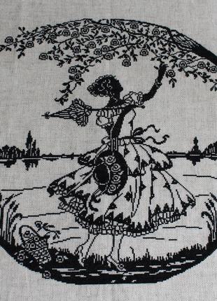 Вышитая крестиком картина "дама в саду"