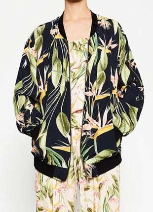 Бомбер куртка кофта удлиненный zara/цветы/ тропический принт