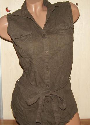 33. льняная блуза-безрукавка цвета хаки, размер s