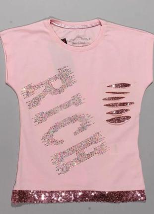Нарядная розовая футболка для девочки с пайетками и стразами
