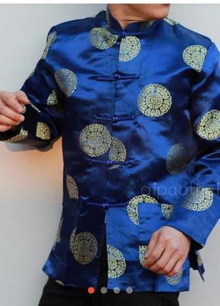 Кимоно халат короткий, шелк синий,золото,вышивка,р.m,l