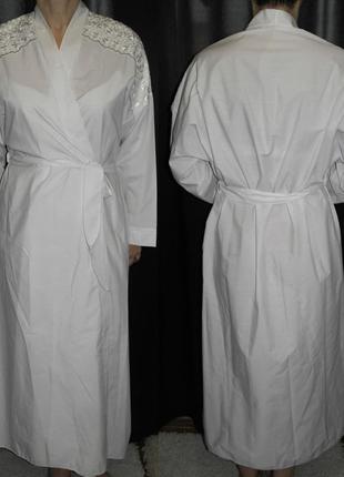 Совсем новый халат длинный 100% cotton кружево узор белый хб