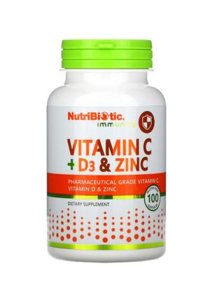 NutriBiotic, Immunity, вітамін C + D3 і цинк, 100 капсул