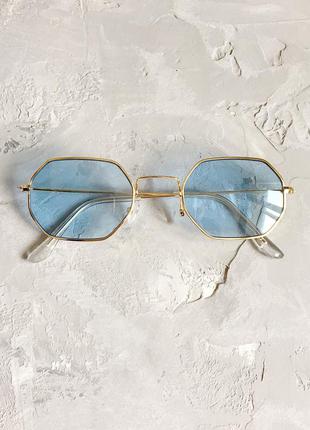 Восьмикутні унісекс окуляри в тонкій оправі з блакитними лінзами