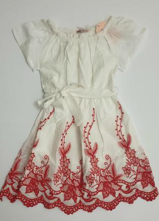 Літній біле котоновое сукні з червоною вишивкою для дівчинки, ...