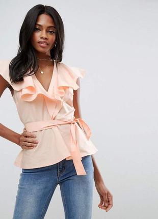 Блуза из хлопка абрикосового цвета с пышными воланами и поясом