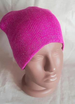 Розовая двойная шапка с люрексом на девочку  one size