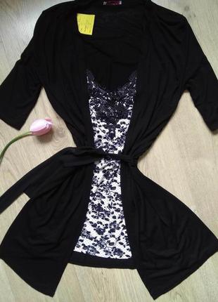 Короткое трикотажное черное домашнее платье халат orsay с круж...