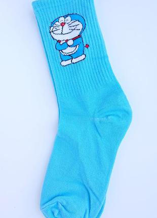 Голубые носки, синие носки с робот котом дораемоном, разноцвет...